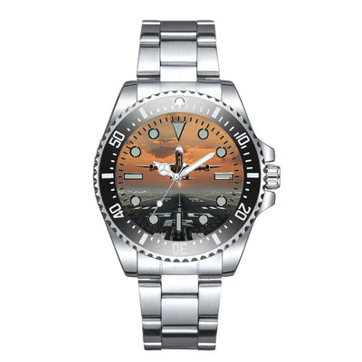 Side view of Aircraft Departing from RW30 Luxury Aviators aviation aviator watch in premium stainless steel, polished finish.