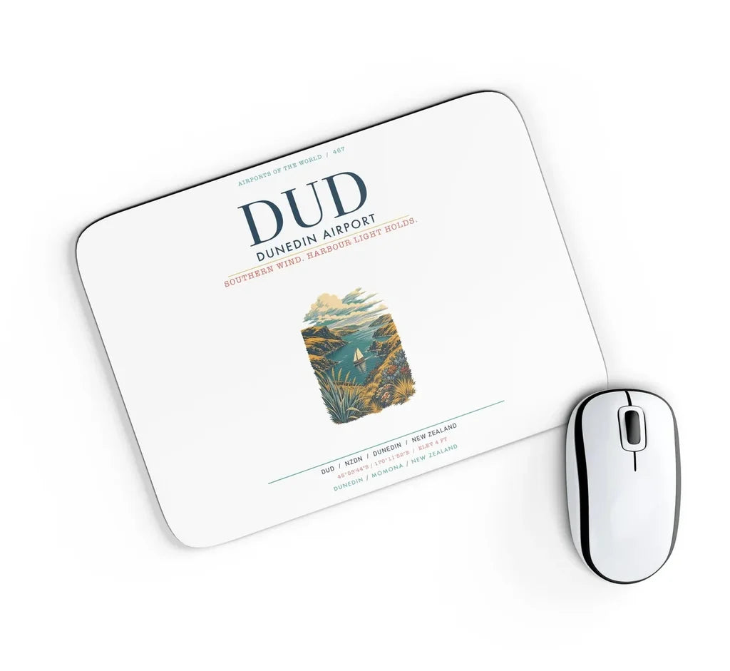Dunedin Airport (DUD) design on white rectangle mouse pad