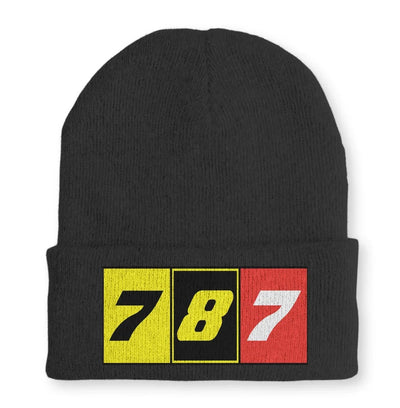 Flat Colourful 787 Embroidered aviation embroidery on soft knit fabric beanie.