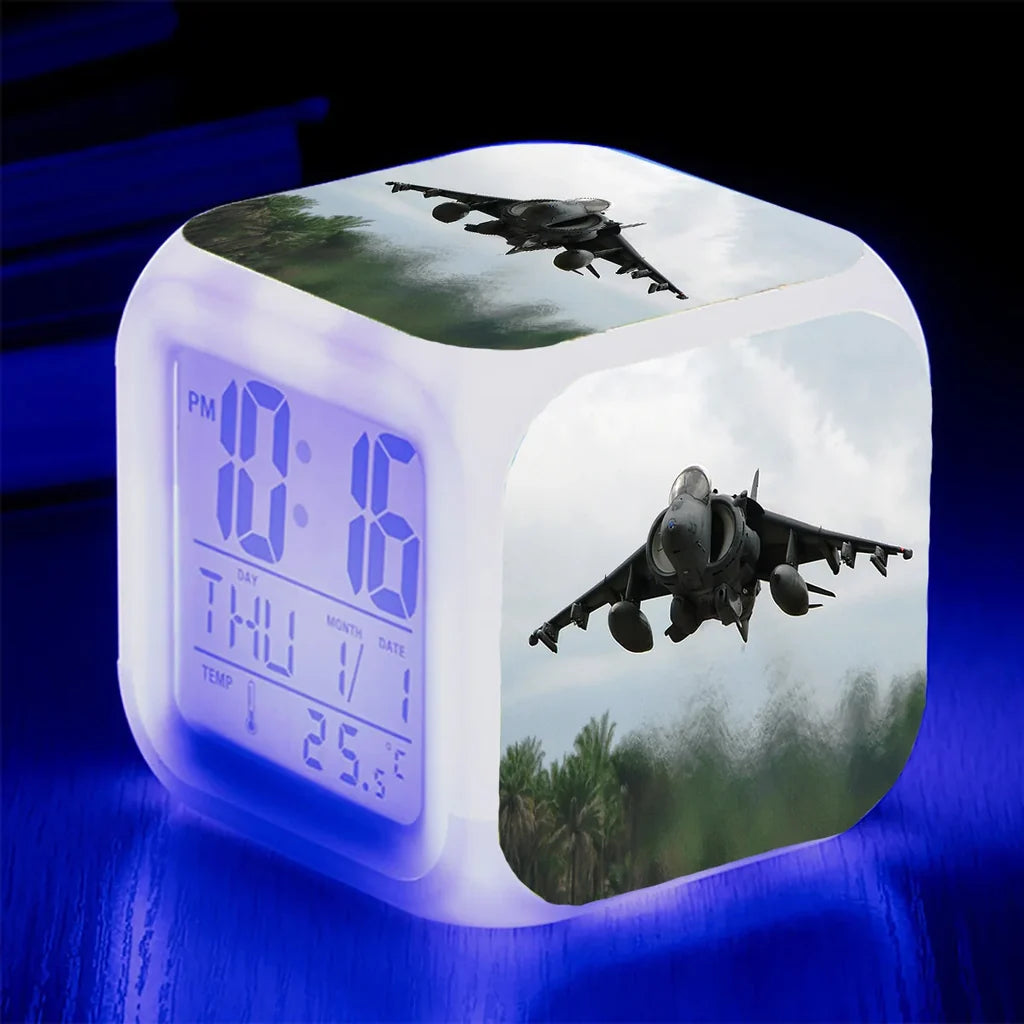 Departing Super Fighter Jet "7 Colour" Digital Alarm aviation art table clock in premium wood and metal.
