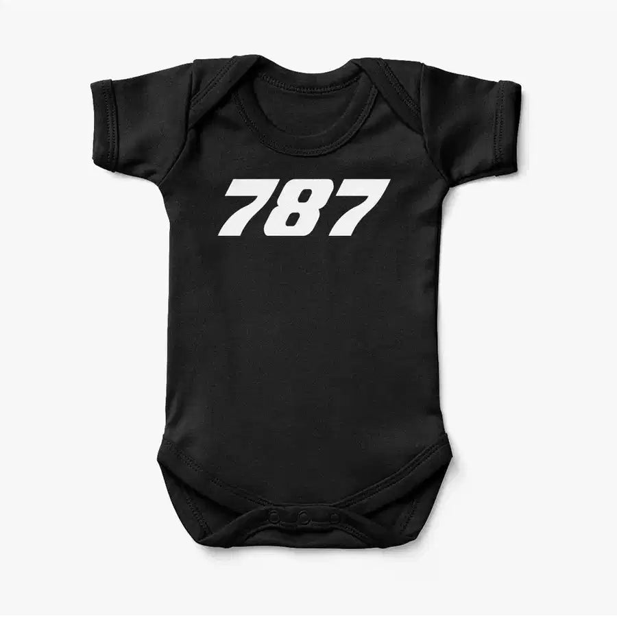 Boeing 787 Flat Text aviation print on kids gentle cotton bodysuit.