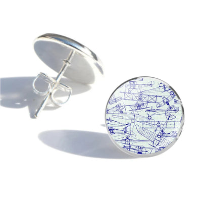 Side view of Amazing Drawings of Old Aircrafts aviation stud earrings in stainless steel, polished finish.