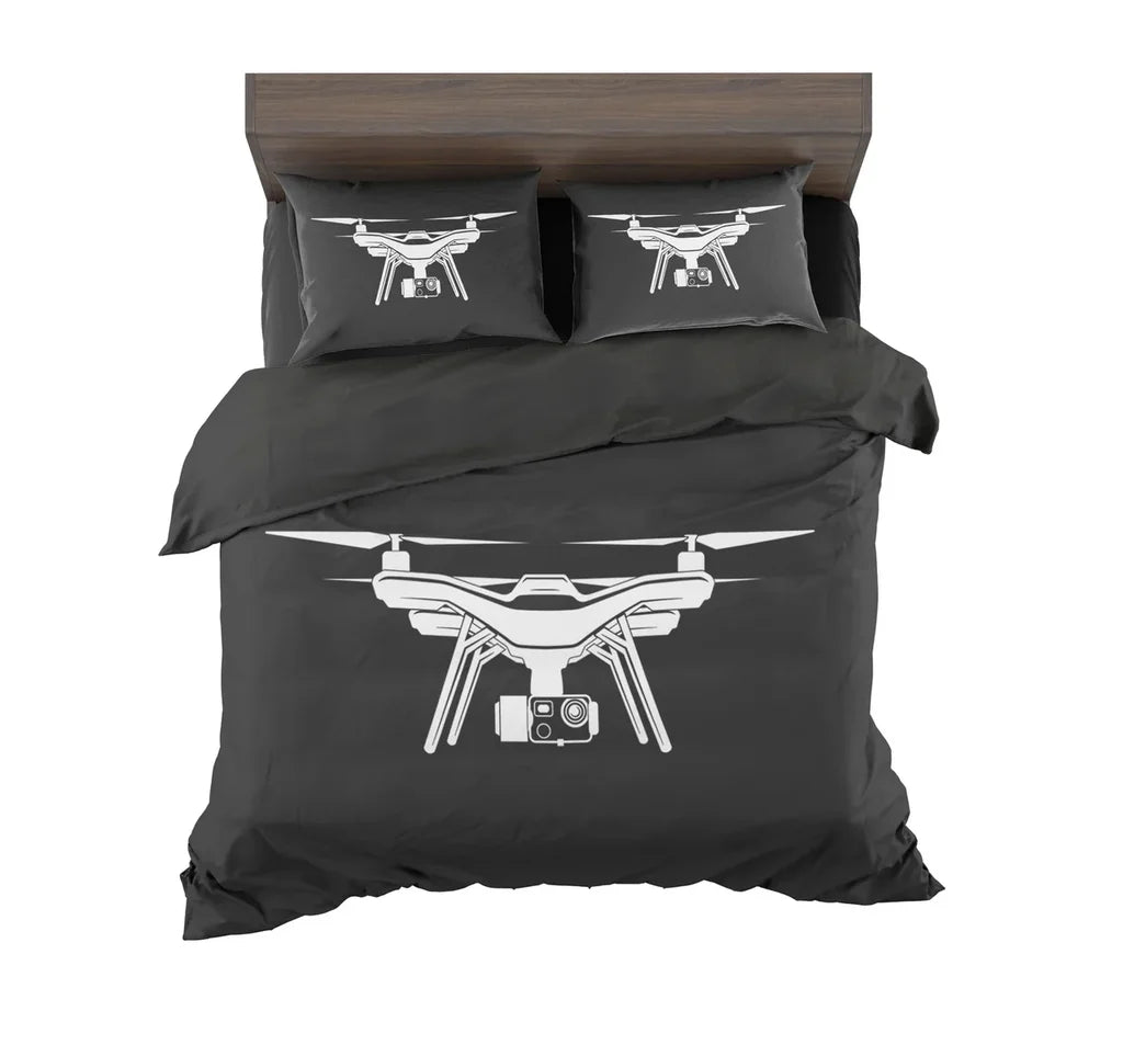 Drone Silhouette aviation design on soft cotton blend bedding set.