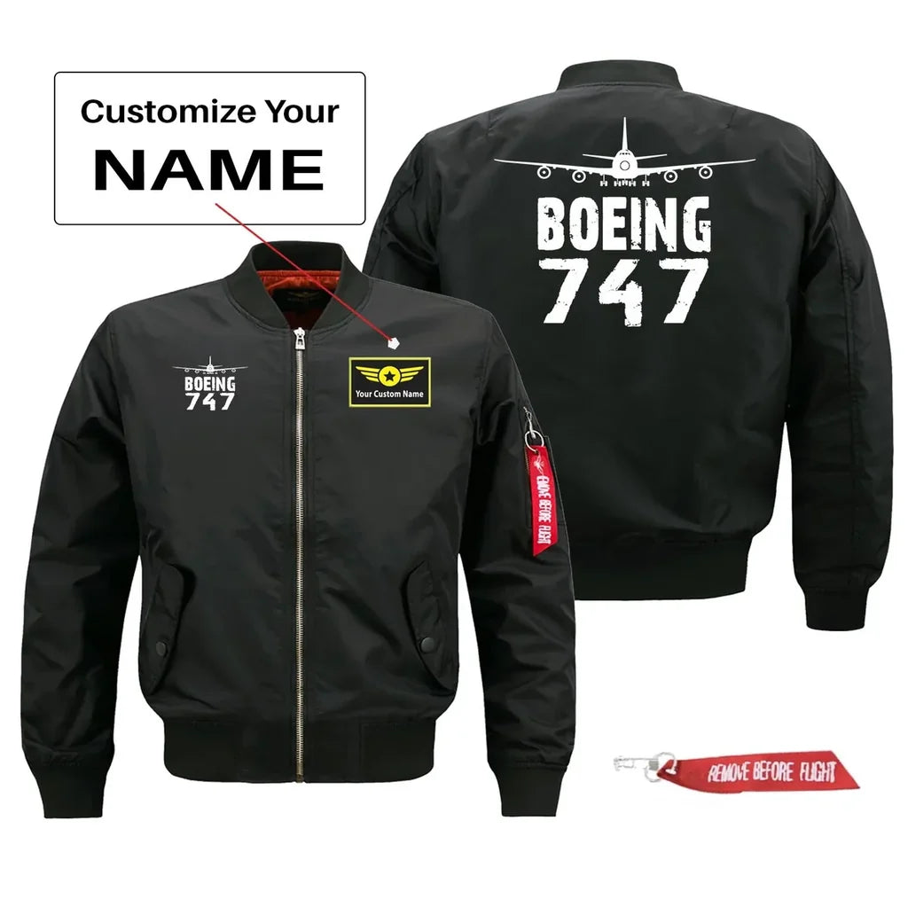 Boeing 747 Silhouette & Pilot Jackets (Customizable) aviation design printed on comfortable shell with classic fit designed jacket.