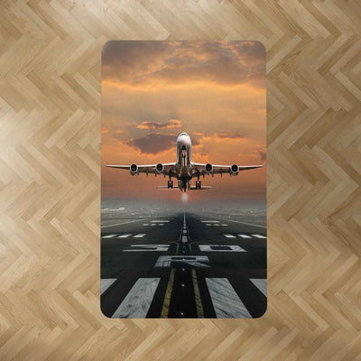 Aircraft Departing from RW30 aviation print rectangle carpet floor mat, durable carpet pile with non-slip backing.