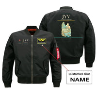 Thumbnail for Jyväskylä Airport (JYV) design on black bomber jacket with custom name patch
