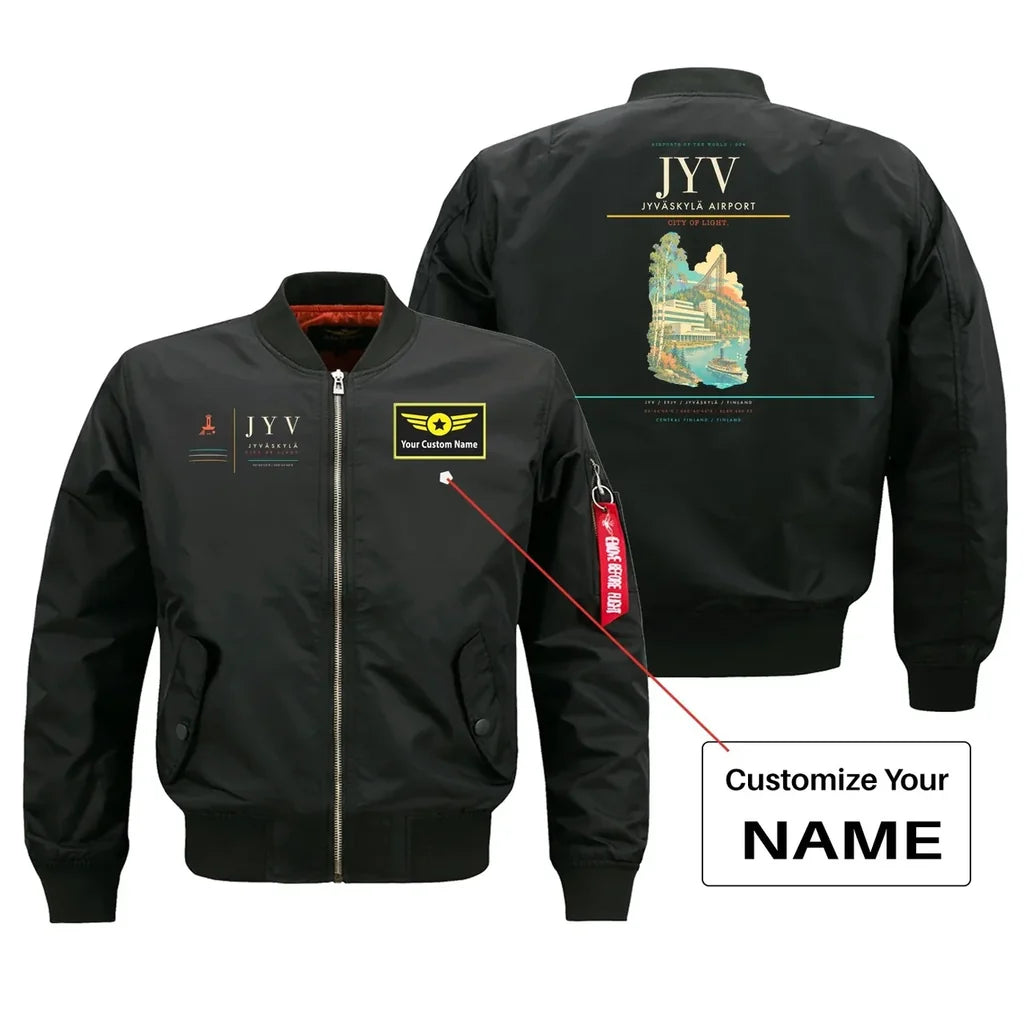 Jyväskylä Airport (JYV) design on black bomber jacket with custom name patch
