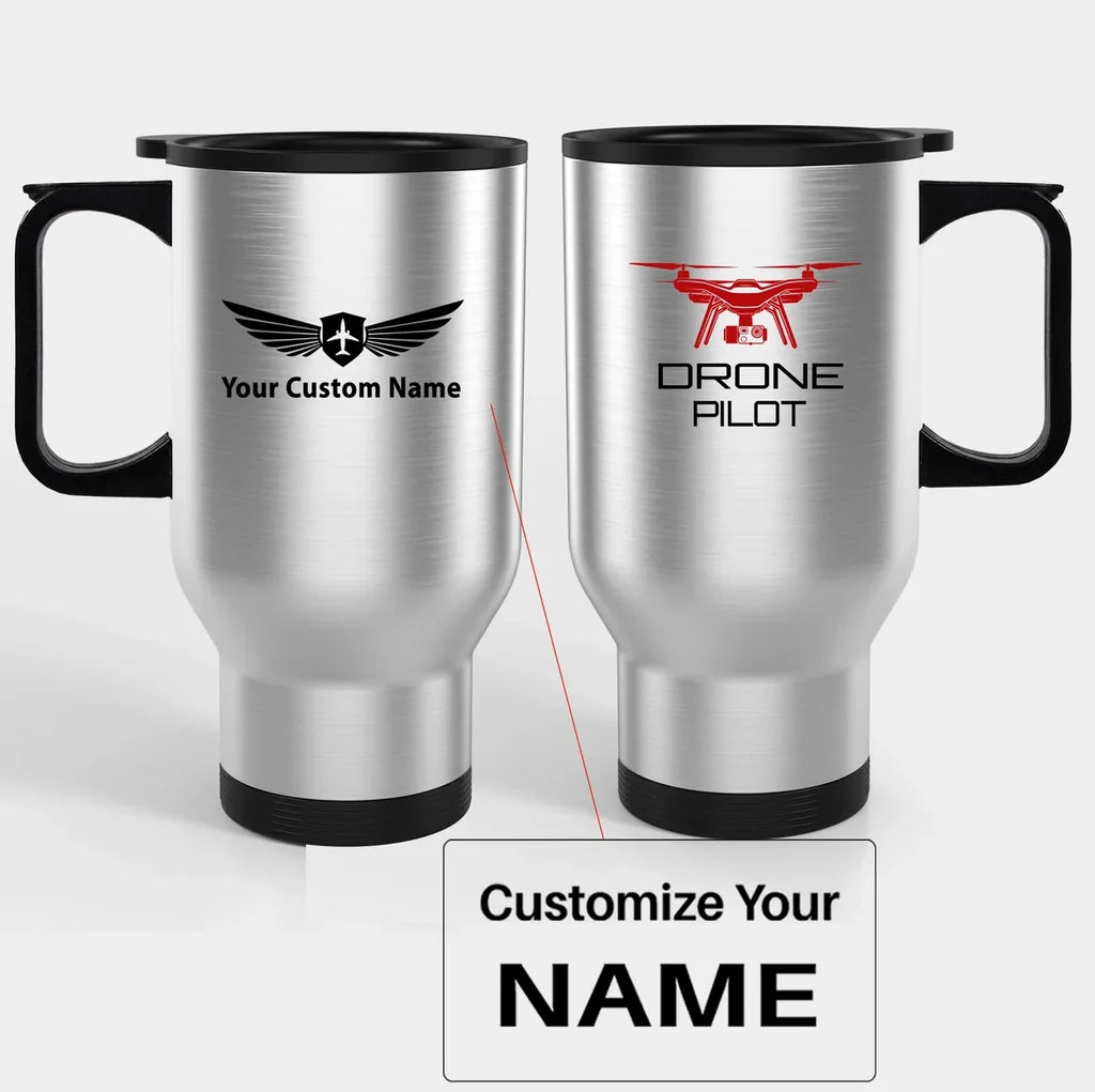 Drone Pilot Travel Mugs (With Holder) aviation design on travel mug with holder, insulated double-wall with car-cup base.
