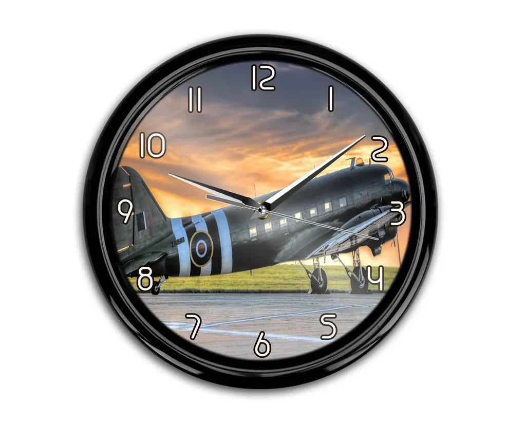 Old Airplane Parked During Sunset aviation themed wall clock, premium wood and metal.