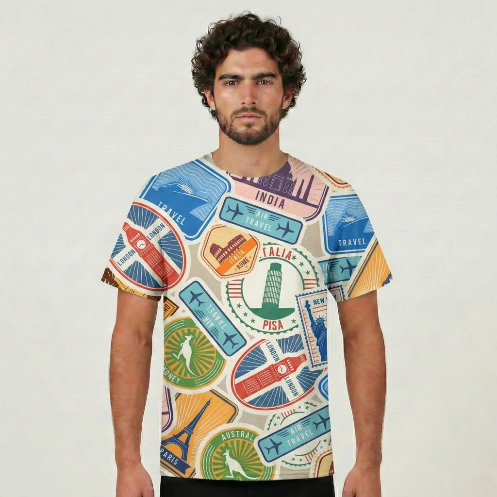 Travel Stickers aviation design printed on soft cotton 3D-print T-shirt.