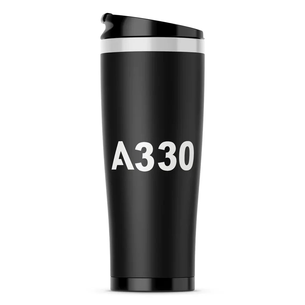 Airbus A330 Flat Text aviation design on travel mug no-holder, insulated double-wall.