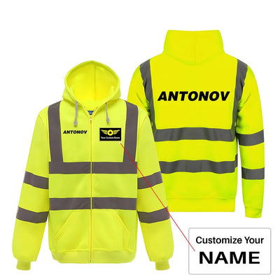 Antonov & Text aviation design on cotton blend with reflective panels reflective zipped hoodie.