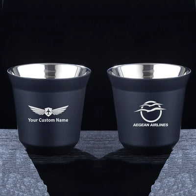 Aegean Airlines aviation design on double-wall coffee mug, vacuum-insulated double-wall.