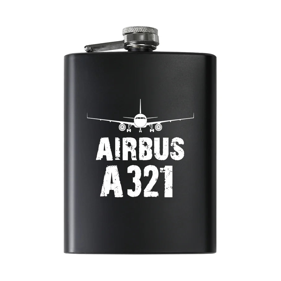 Airbus A321 & Plane aviation design on stainless hip flask, compact pocket-size flask.
