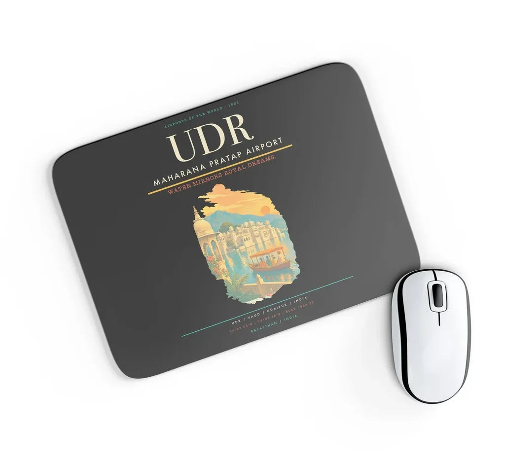 Maharana Pratap Airport (UDR) design on black rectangle mouse pad