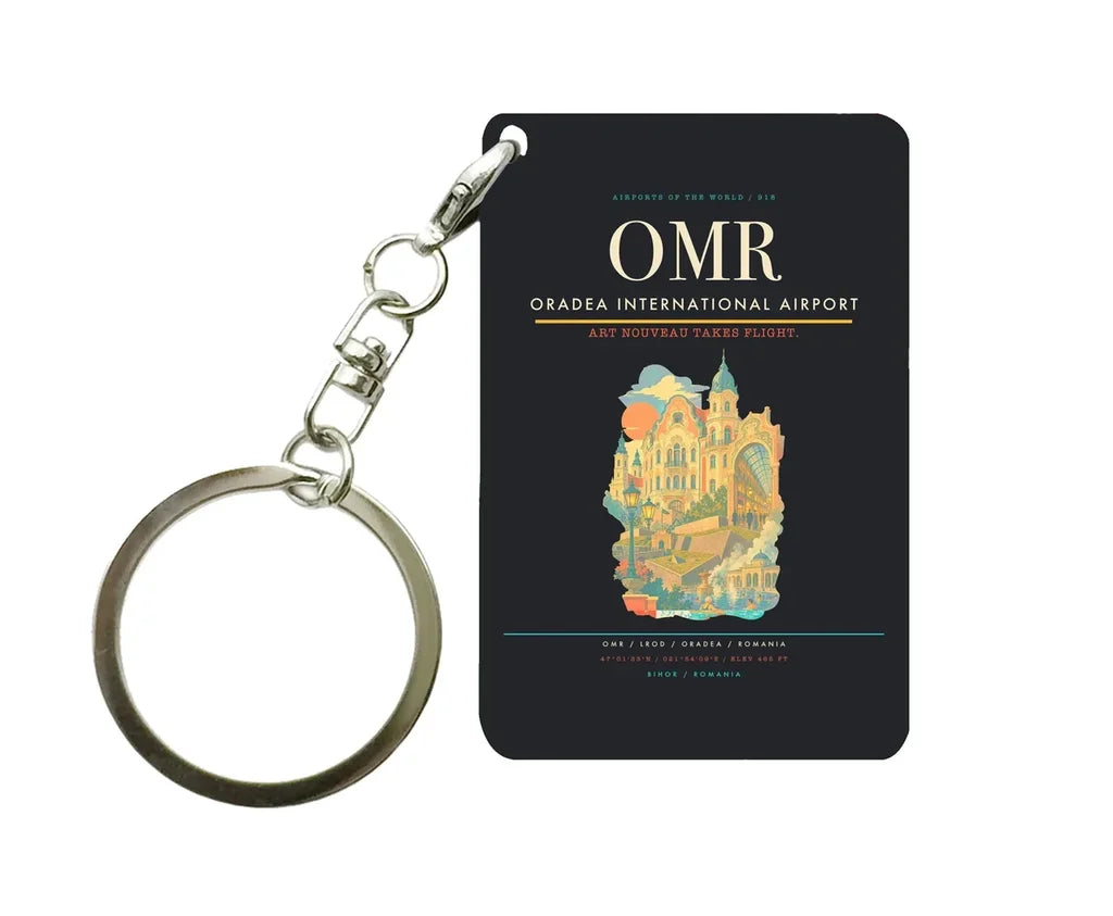 Oradea International Airport (OMR) design on black key chain