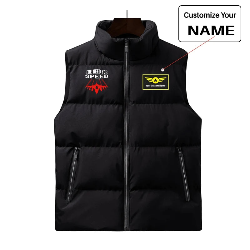 The Need For Speed aviation design printed on quilted padding with sleeveless design puffy vest.