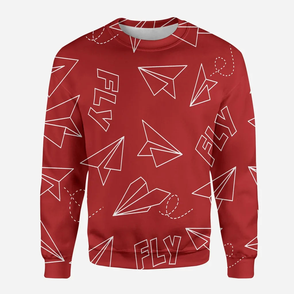 Paper Airplane & Fly (Red) aviation design printed on soft cotton blend 3D sweatshirt.