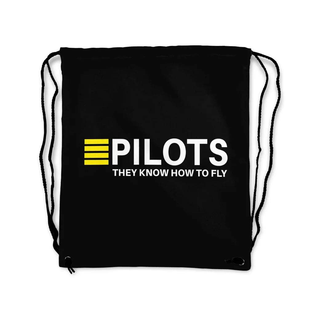 Pilots They Know How To Fly aviation print drawstring bag, lightweight polyester.