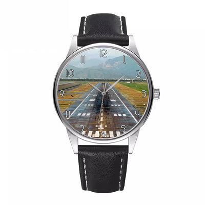 Mountain View and & Runway aviation-themed watch with leather strap, polished leather strap.