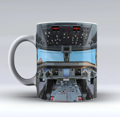 Embraer E190 Cockpit aviation design on ceramic mug, premium ceramic with glazed finish.