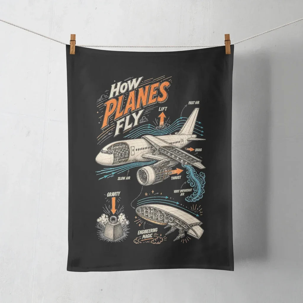 How Planes Fly V2 design on black towel