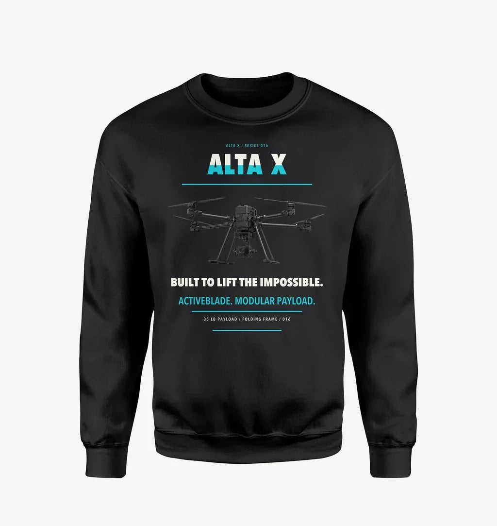 Freefly Alta X design on black sweatshirt