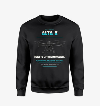 Freefly Alta X design on black sweatshirt