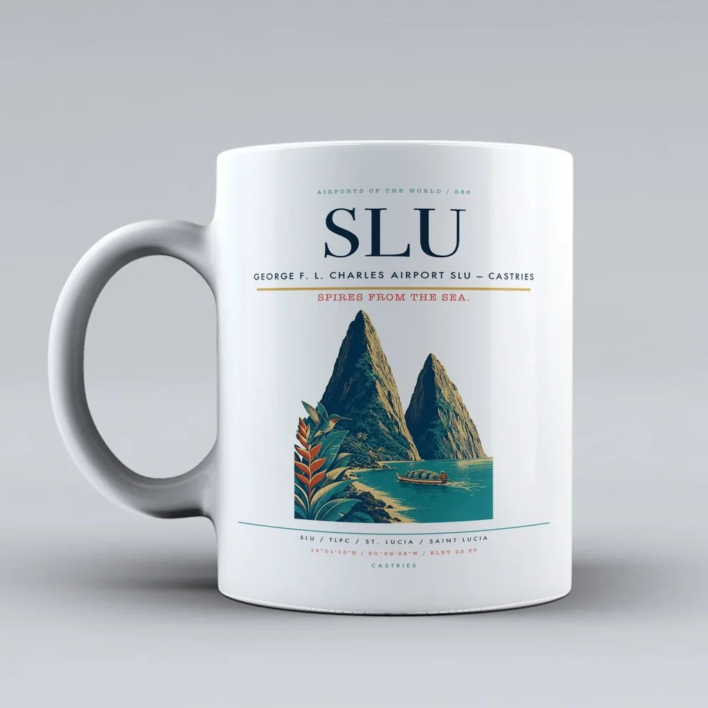 George F. L. Charles Airport (SLU) airport code design on white ceramic mug