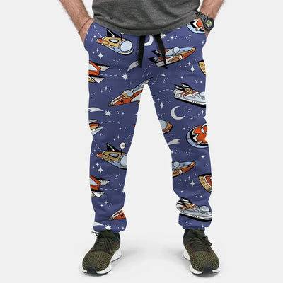 Spaceship & Stars aviation design on soft cotton blend 3D-printed sweatpants.