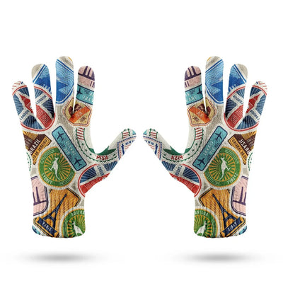 Travel Icons aviation design on soft knit fabric gloves.
