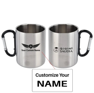 Saudi Arabian Airlines aviation design on outdoor mug, durable insulated construction.