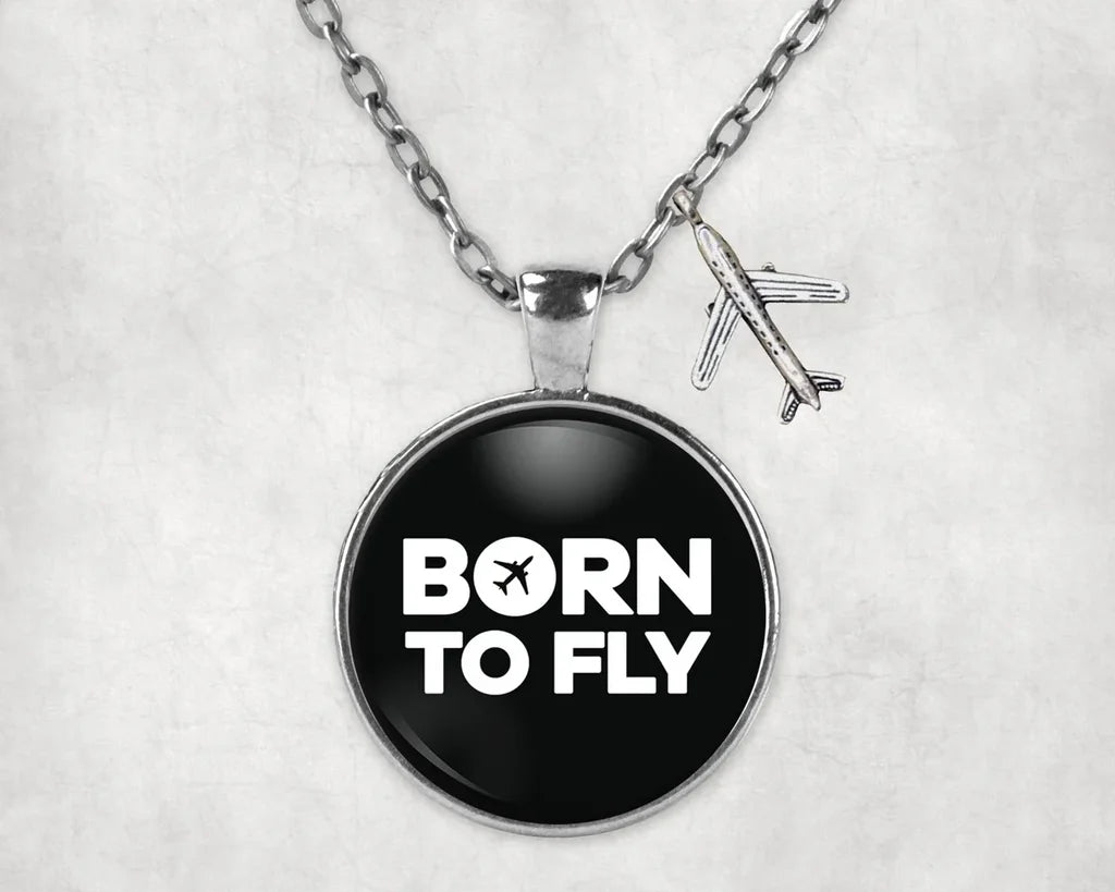Side view of Born To Fly aviation necklace in stainless steel, polished finish.