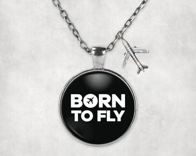 Side view of Born To Fly aviation necklace in stainless steel, polished finish.