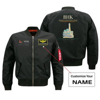 Thumbnail for Bukhara International Airport (BHK) design on black bomber jacket with custom name patch