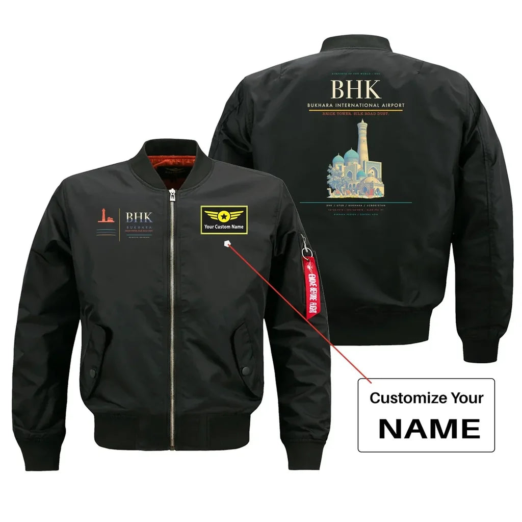 Bukhara International Airport (BHK) design on black bomber jacket with custom name patch