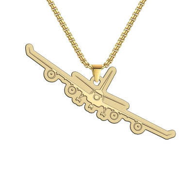 Airbus A340 Silhouette aviation hollow necklace, polished metal body with engraved detail.