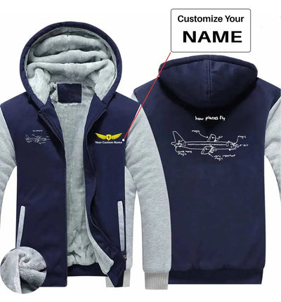 How Planes Fly aviation design printed on soft cotton blend zipped sweatshirt.