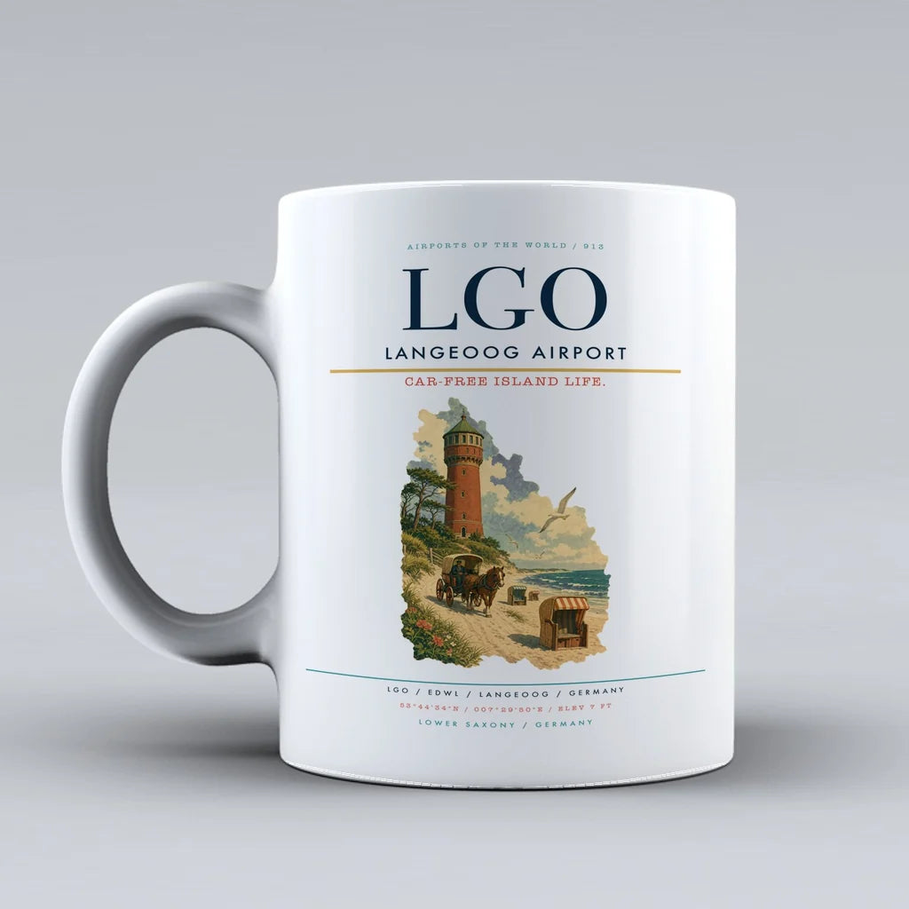 Langeoog Airport (LGO) airport code design on white ceramic mug