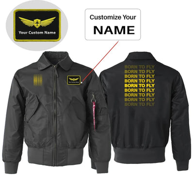 Born To Fly Opacity Embroidered aviation design printed on padded shell with hook-and-loop patch panels patch bomber jacket.