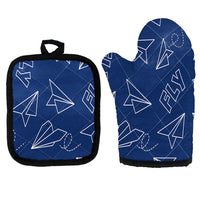 Thumbnail for Paper Airplane & Fly (Blue) Kitchen Glove & Holder aviation design on durable fabric with insulated lining kitchen glove holder.