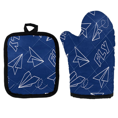 Paper Airplane & Fly (Blue) Kitchen Glove & Holder aviation design on durable fabric with insulated lining kitchen glove holder.