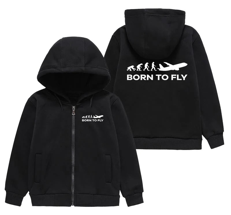 Born To Fly "CHILDREN" aviation print on kids soft cotton blend zipped hoodie.