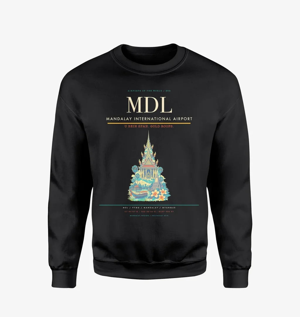 Mandalay International Airport (MDL) design on black sweatshirt