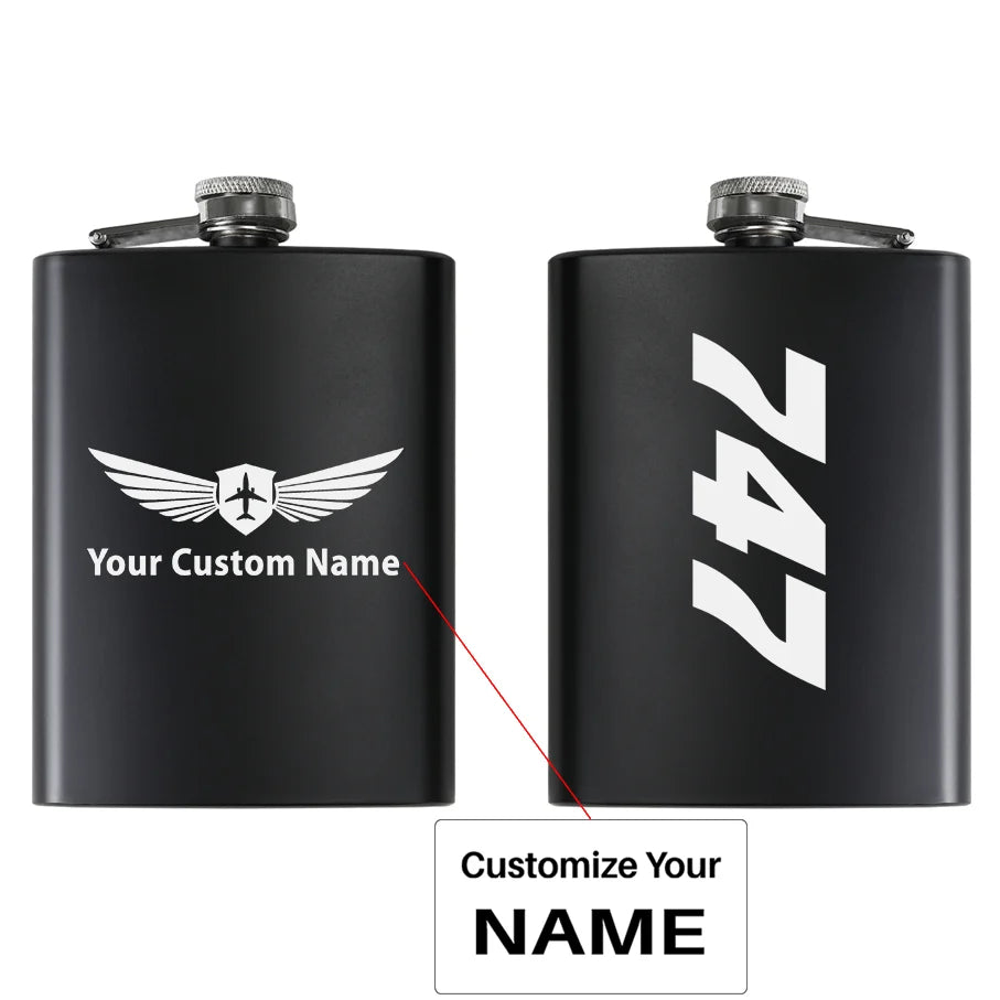 Boeing 747 Text aviation design on stainless hip flask, compact pocket-size flask.