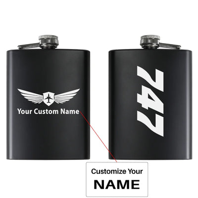 Boeing 747 Text aviation design on stainless hip flask, compact pocket-size flask.