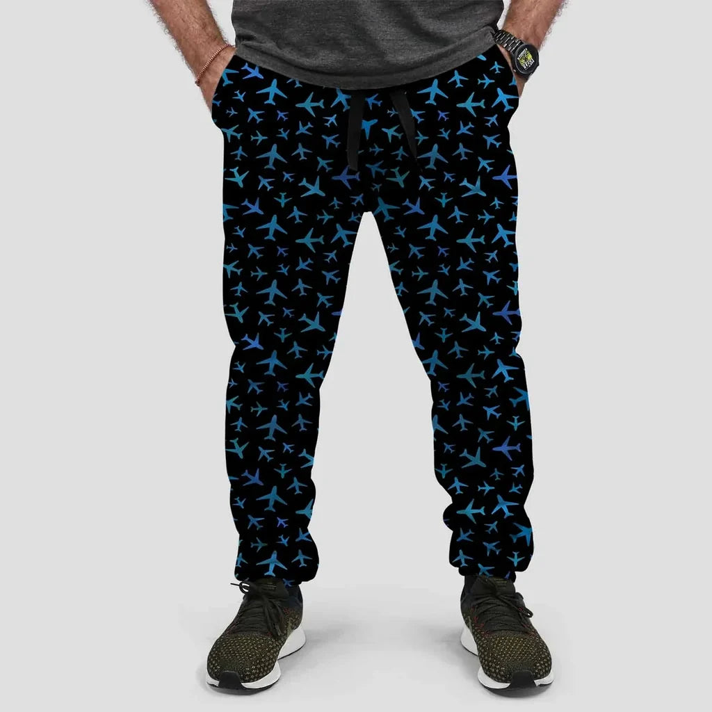 Many Airplanes aviation design on soft cotton blend 3D-printed sweatpants.
