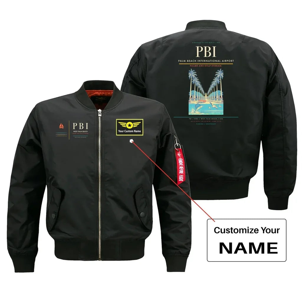 Palm Beach International Airport (PBI) design on black bomber jacket with custom name patch