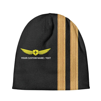 Custom Name & Special Golden Pilot Epaulettes (2 Lines) aviation embroidery on soft knit fabric 3D knit beanie.