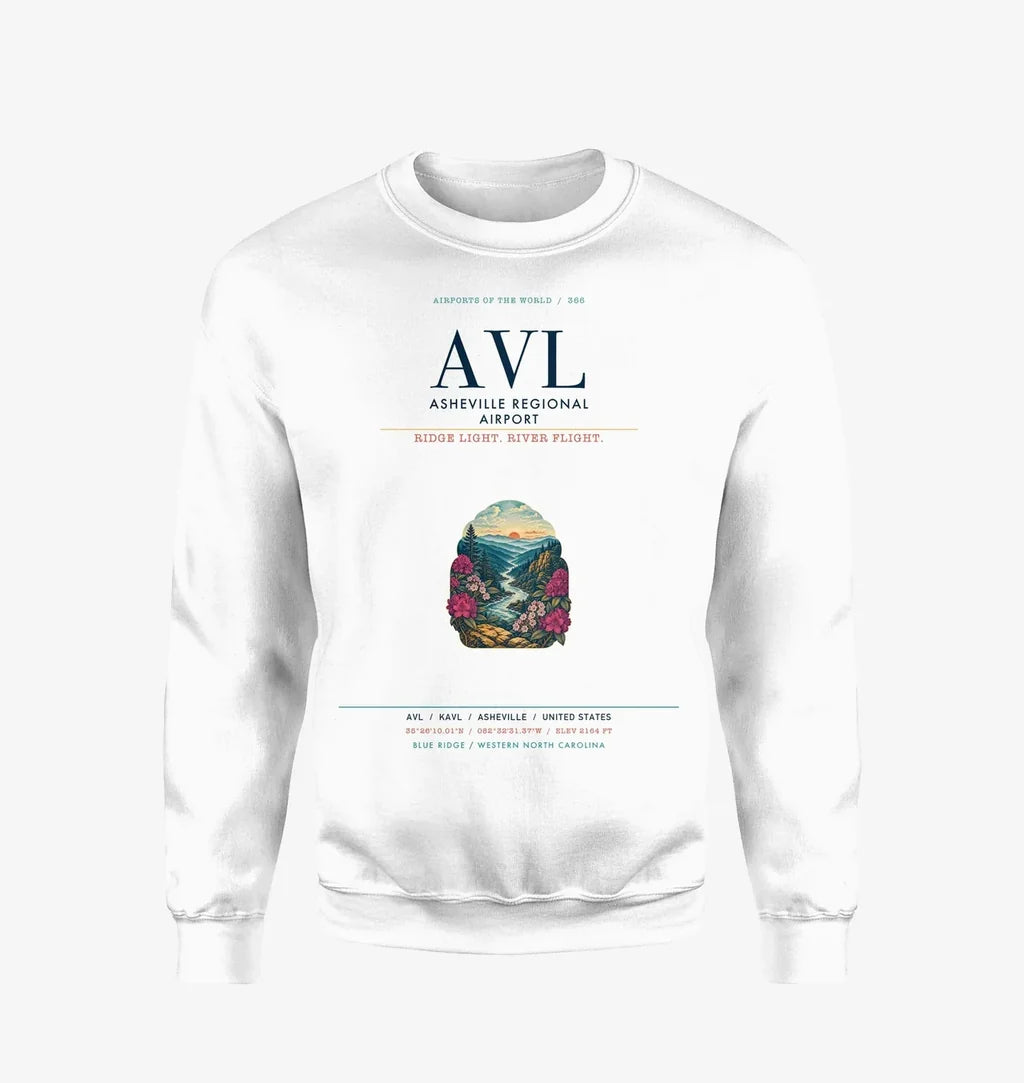 Asheville Regional Airport (AVL) design on white sweatshirt